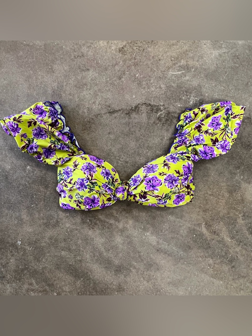 Beach Riot Floral Bikini Top in Green Yellow with Purple Flowers Ruffle Sleeve